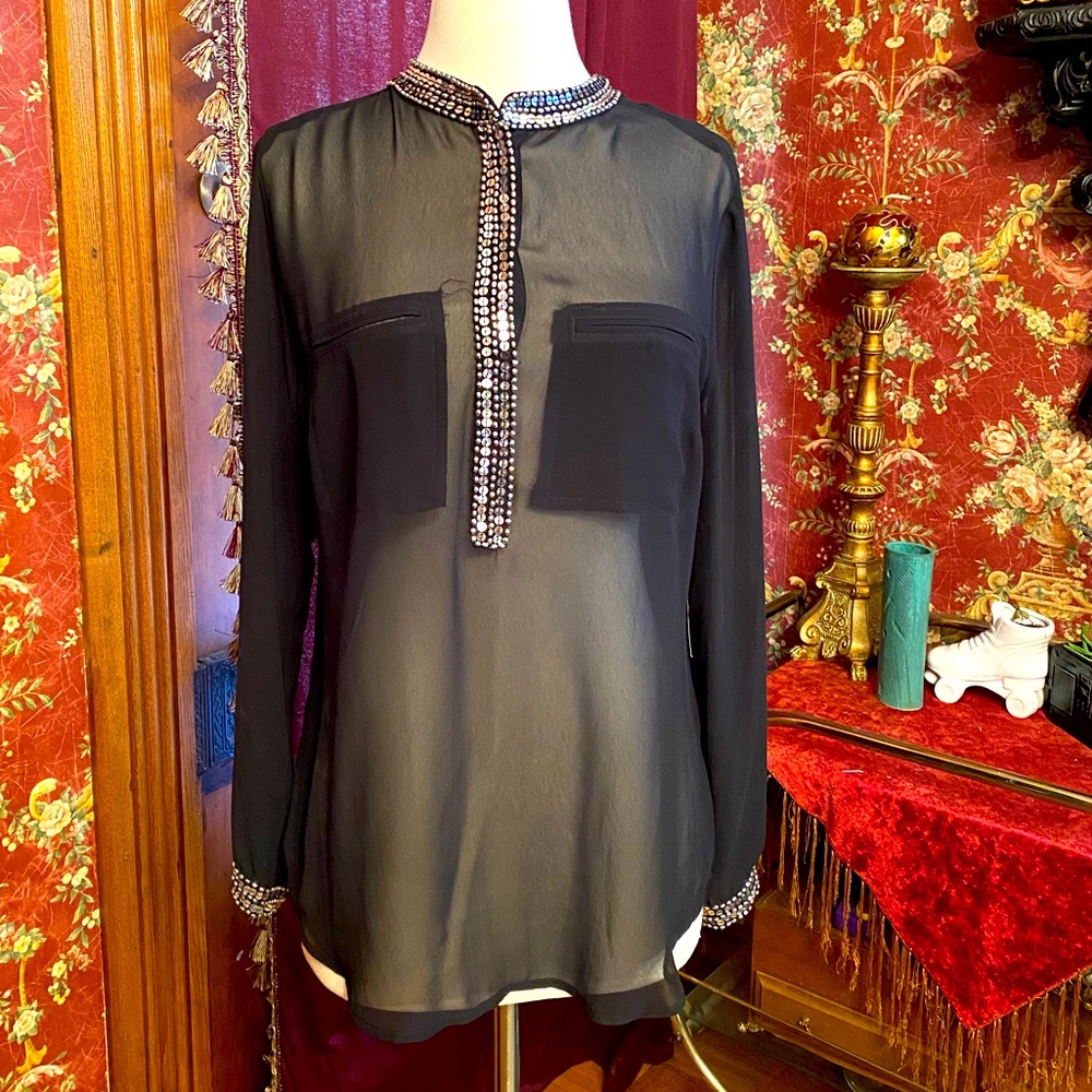 NWT Ana Sheer Black Blouse with faux pockets
